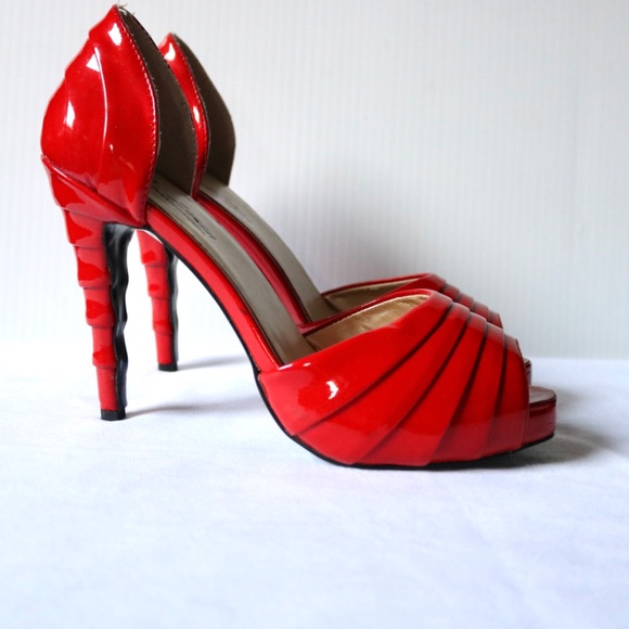 J. Loren Collection Red Patent Leather Peep Toe 4" Heels Women's 8 Retro Unique - Picture 2 of 14